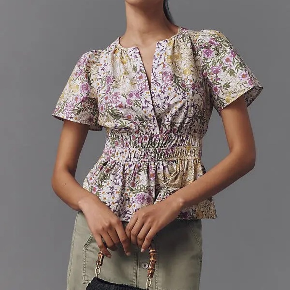 Anthropologie Somerset Floral Smocked Waist Puff Sleeve Blouse in Lavender